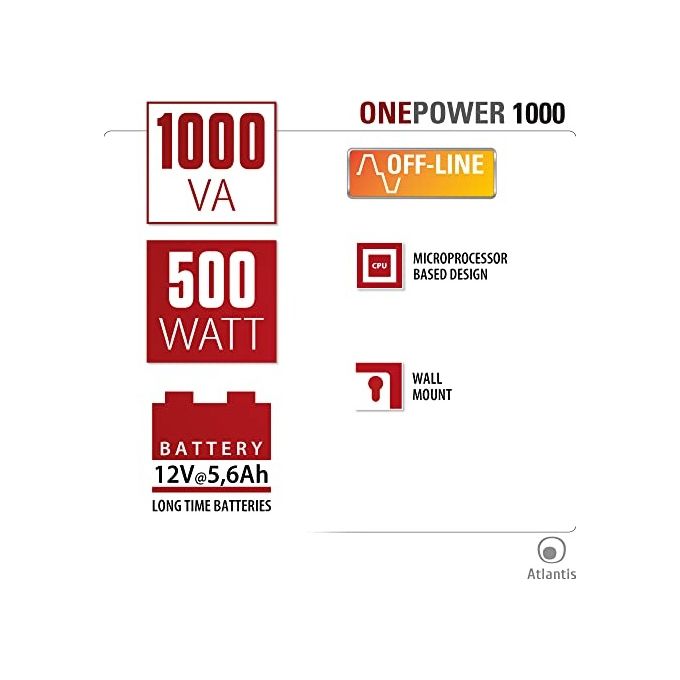 Atlantis A03-PS1000 ups 1000va-500w Onepower stepwave off line 6p Schuko Montabile a muro