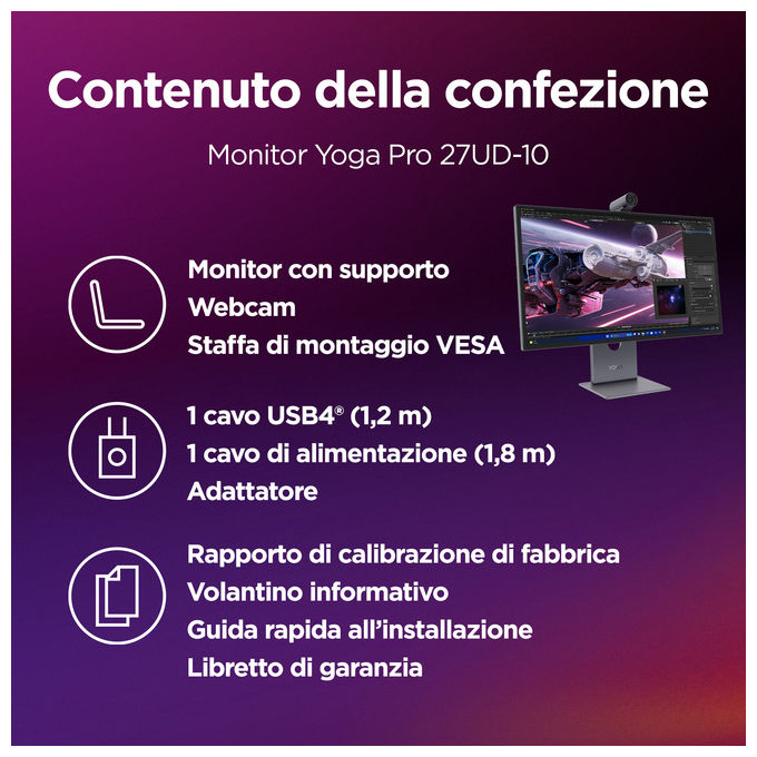 Lenovo 67E5RAC2EU Yoga Pro 27UD-10 Monitor 26.5'' QD-OLED 4K UHD 3840x2160 120Hz 0.03ms Webcam USB-C HDMI 2.1 DP 1.4 Altoparlanti 6x Dolby Atmos colore Nero