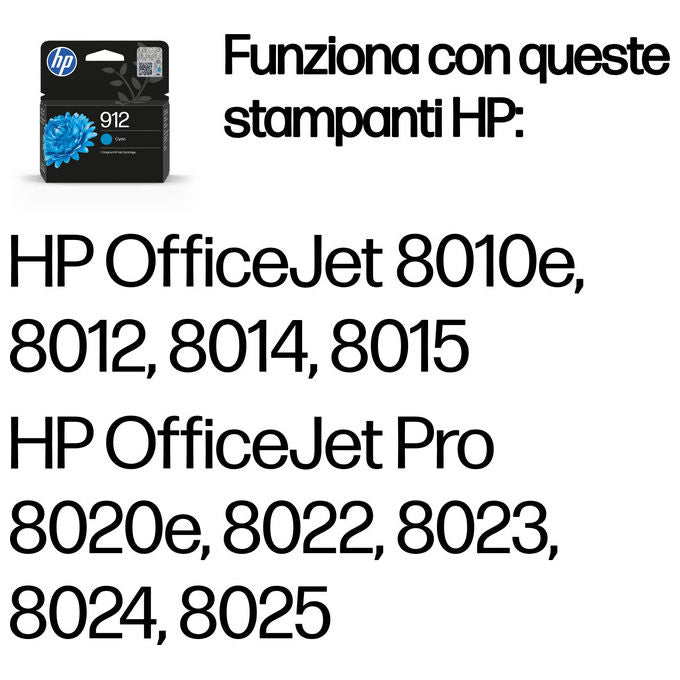 HP 3YL77AE Cartuccia di inchiostro ciano originale 912 Resa 315 pagine Volume 2,9 ml compatibile con OfficeJet 8010e 8012 8014 8015 Pro 8020e 8022 8023 8024 8025 colore Ciano