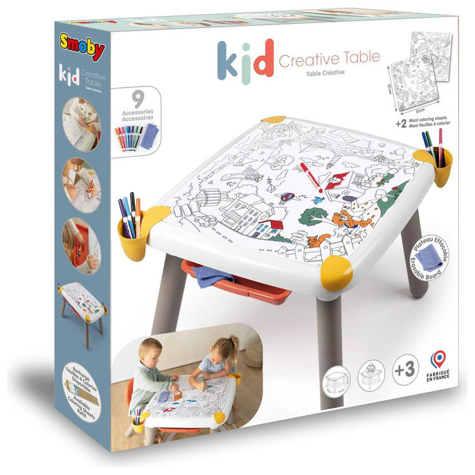 Smoby 7600420400 Activity - Kid Tavolo Creativo con superficie da disegno due fogli inclusi tre vani porta oggetti cassetto e porta penne colore Multicolore