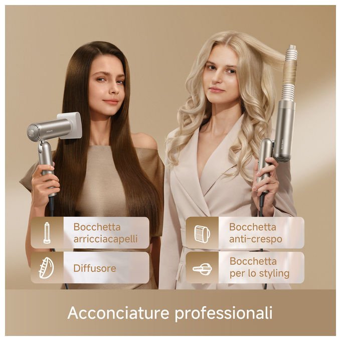 Dreame AHD51 Pocket Pro 2 Asciugacapelli 1300 W Motore Digitale Ioni Negativi 5 Temperature Accessori Magnetici colore Oro
