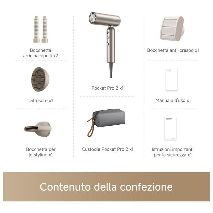 Dreame AHD51 Pocket Pro 2 Asciugacapelli 1300 W Motore Digitale Ioni Negativi 5 Temperature Accessori Magnetici colore Oro