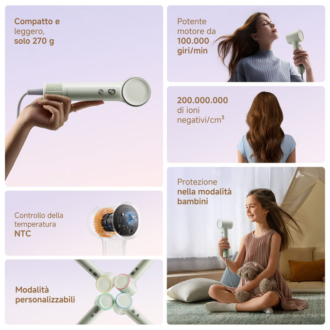Dreame AHG11A GREEN Mini Flow Asciugacapelli 1200 W Tecnologia Ionica 5 Temperature 2 Velocita' colore Verde
