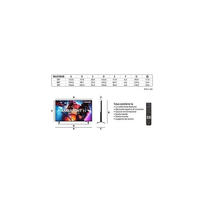 Philips, TV MiniLED QLED 55MLED920-12, 55'', Ultra HD 4K, HDR, Ambilight, Nero