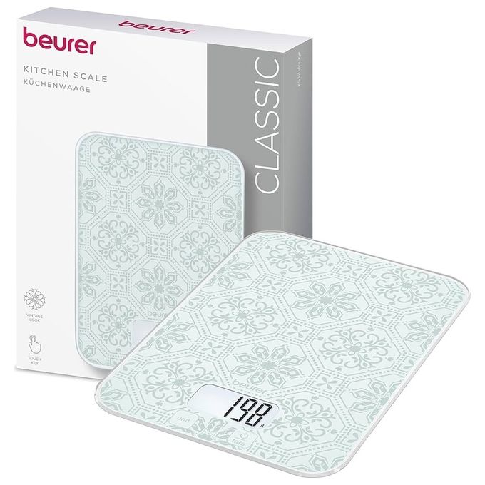 Beurer 10682 KS 19 VINTAGE Bilancia da Cucina Digitale Capacita' 5 Kg Precisione 1 g Comando Touch Sensor Vetro colore Bianco Grigio