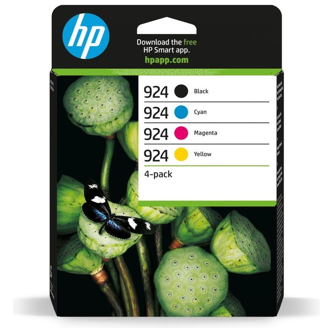 HP 6C3Z1NE Confezione da 4 cartucce di inchiostro CMYK originali 924 Tipo Resa standard 500 pagine nero 400 pagine colore compatibile con OfficeJet Pro 8120e 8130e 8135e colore Nero