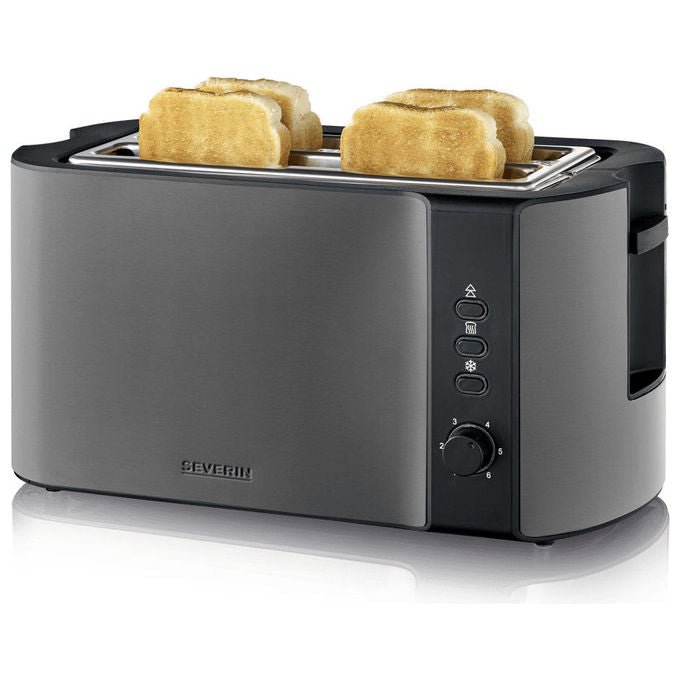 Severin AT9341 Tostapane 2 Fessure Lunghe Acciaio Inox Funzioni Defrost Reheat Sbrinamento Automatico Riscaldamento Ripetuto Pannello Centraggio Automatico Pareti Fresche Spegnimento Automatico colore Nero