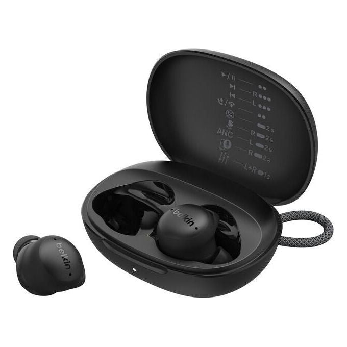 Belkin AUC017HQBK SoundForm Isolate Cuffie Wireless In-ear con Cancellazione Attiva del Rumore e Modalita' di Trasparenza USB tipo-C Bluetooth 34 ore di autonomia con custodia colore Nero