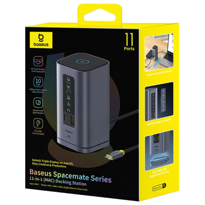 Baseus B00568101813 01 Spacemate 11 in 1 Docking Station 3x HDMI 4K 60Hz 2x USB A 10 Gbps 100W Power Delivery colore Grigio