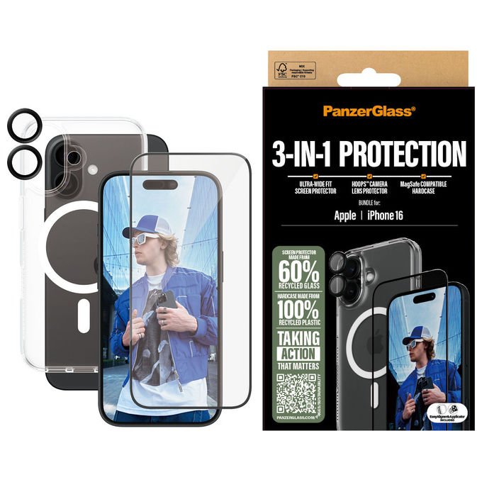 PanzerGlass B1291+2861+1283 3-in-1 Protection Bundle per iPhone 16 con HardCase MagSafe Schermo Ultra-Wide Fit e Protezione Fotocamera HoopsTM colore Nero