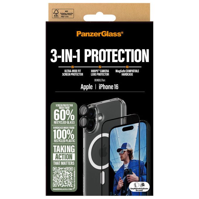 PanzerGlass B1291+2861+1283 3-in-1 Protection Bundle per iPhone 16 con HardCase MagSafe Schermo Ultra-Wide Fit e Protezione Fotocamera HoopsTM colore Nero