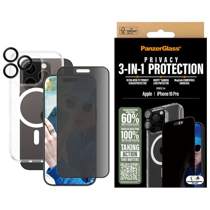 PanzerGlass B1292P28621284 PanzerGlass 3-in-1 Privacy Protection Bundle per iPhone 16 Pro con Filtro Privacy Resistente ai Graffi e Custodia Protettiva colore Trasparente