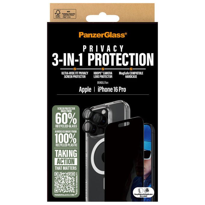 PanzerGlass B1292P28621284 PanzerGlass 3-in-1 Privacy Protection Bundle per iPhone 16 Pro con Filtro Privacy Resistente ai Graffi e Custodia Protettiva colore Trasparente