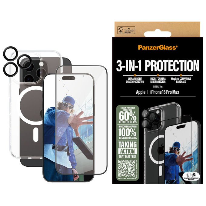 PanzerGlass B1294+2864+1284 3-in-1 Protection Bundle Pellicola proteggischermo trasparente per iPhone 16 Pro Max con vetro temperato riciclato al 60% colore Trasparente