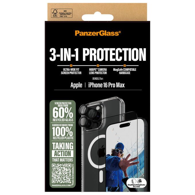 PanzerGlass B1294+2864+1284 3-in-1 Protection Bundle Pellicola proteggischermo trasparente per iPhone 16 Pro Max con vetro temperato riciclato al 60% colore Trasparente