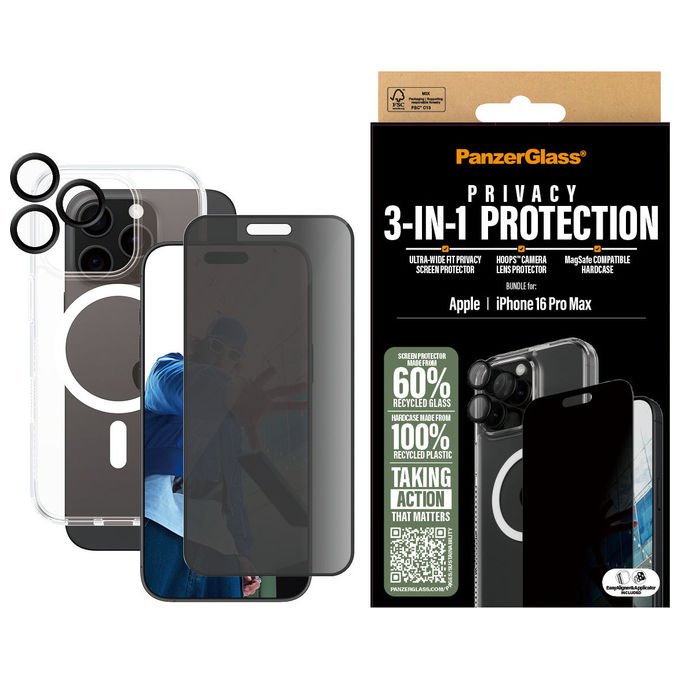 PanzerGlass 5715685003462 Set Protezione Privacy 3 in 1 Pellicola Proteggi Schermo per iPhone 16 Pro Max con Filtro Privacy Resistente ai Graffi e alle Ditate colore Trasparente