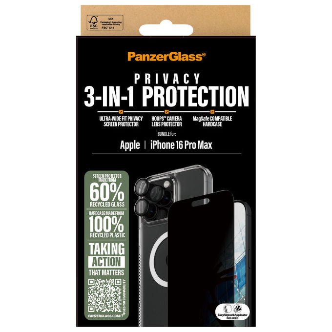 PanzerGlass 5715685003462 Set Protezione Privacy 3 in 1 Pellicola Proteggi Schermo per iPhone 16 Pro Max con Filtro Privacy Resistente ai Graffi e alle Ditate colore Trasparente