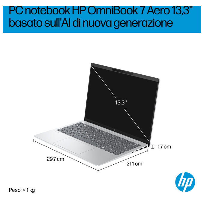 HP D47KTEA OmniBook 7 Aero Laptop Next Gen AI 13-bg1002nl Processore AMD Ryzen AI 7 350 RAM 32 GB SSD 1 TB Schermo 13.3'' 2K 1920 x 1200 Pixel Windows 11 Home colore Argento