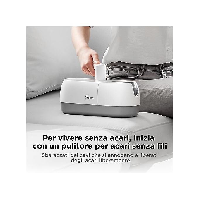 Midea B5D Vacuum - Battitappeto portatile ciclonico antiacaro per materassi, ricaricabile, capacita' 0,35 L, autonomia 20 min, filtro ciclone + UV, Bianco-Grey
