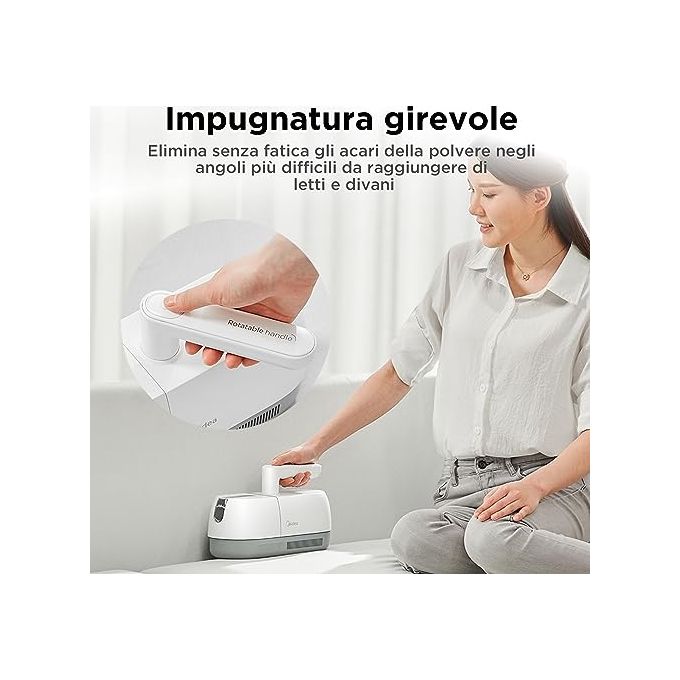 Midea B5D Vacuum - Battitappeto portatile ciclonico antiacaro per materassi, ricaricabile, capacita' 0,35 L, autonomia 20 min, filtro ciclone + UV, Bianco-Grey