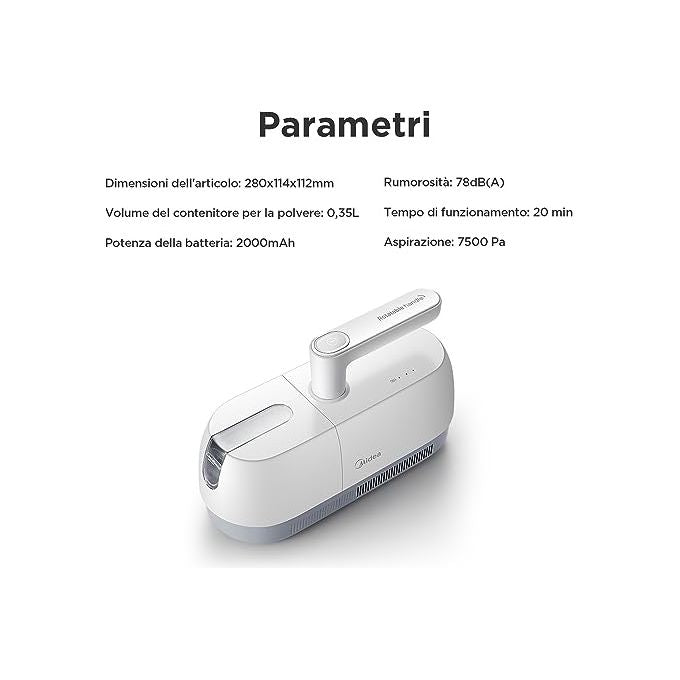 Midea B5D Vacuum - Battitappeto portatile ciclonico antiacaro per materassi, ricaricabile, capacita' 0,35 L, autonomia 20 min, filtro ciclone + UV, Bianco-Grey