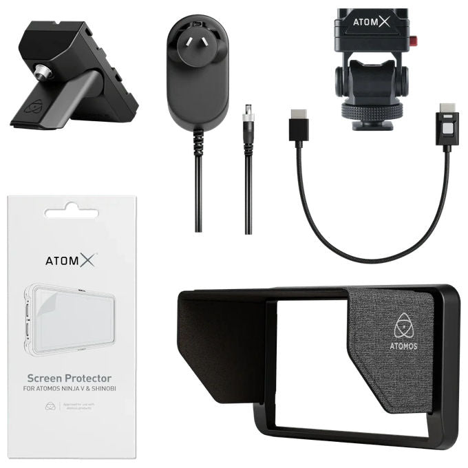 Atomos ATOMACCKT6 Kit Accessori per Monitor 5'' per Ninja TX Shinobi II GO con Cavo HDMI 4K 60 e Paraluce colore Nero