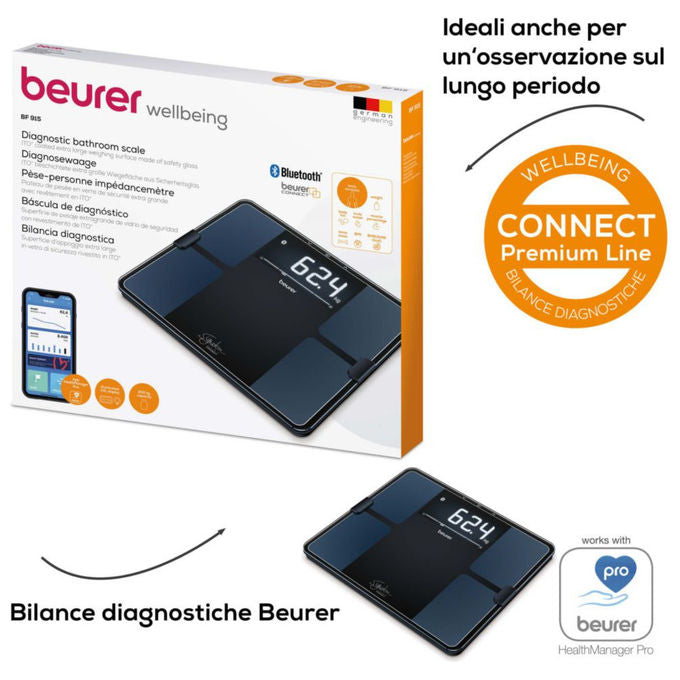 Beurer BF 915 BT Sig. Line Bilancia diagnostica in vetro connettibile - Design Signatureline - Display XL retroilluminato - grigio chiaro - 8 utenti in memoria
