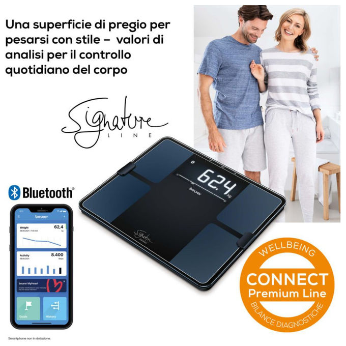 Beurer BF 915 BT Sig. Line Bilancia diagnostica in vetro connettibile - Design Signatureline - Display XL retroilluminato - grigio chiaro - 8 utenti in memoria