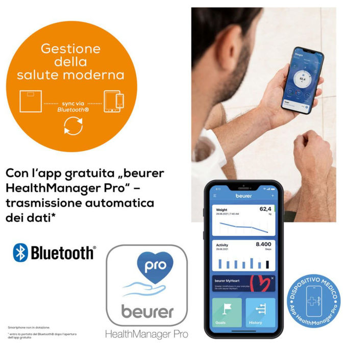 Beurer BF 915 BT Sig. Line Bilancia diagnostica in vetro connettibile - Design Signatureline - Display XL retroilluminato - grigio chiaro - 8 utenti in memoria