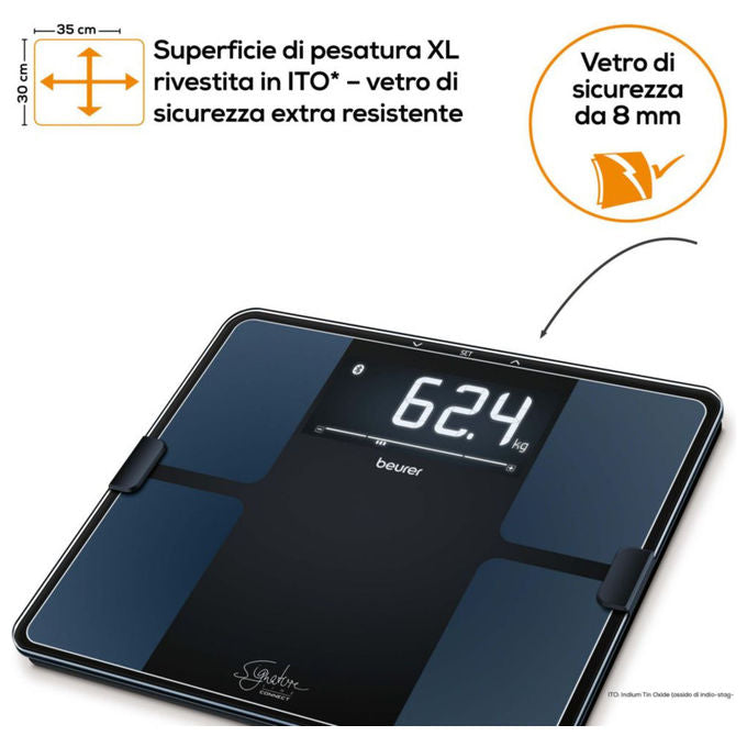 Beurer BF 915 BT Sig. Line Bilancia diagnostica in vetro connettibile - Design Signatureline - Display XL retroilluminato - grigio chiaro - 8 utenti in memoria