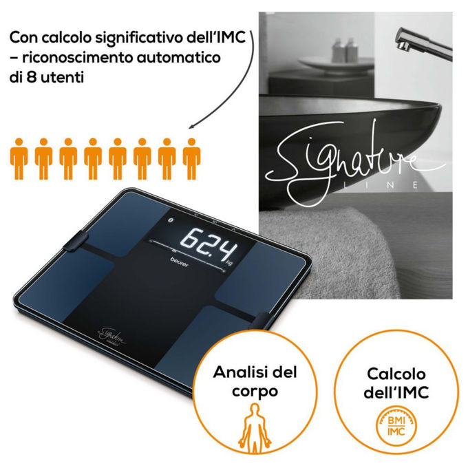 Beurer BF 915 BT Sig. Line Bilancia diagnostica in vetro connettibile - Design Signatureline - Display XL retroilluminato - grigio chiaro - 8 utenti in memoria