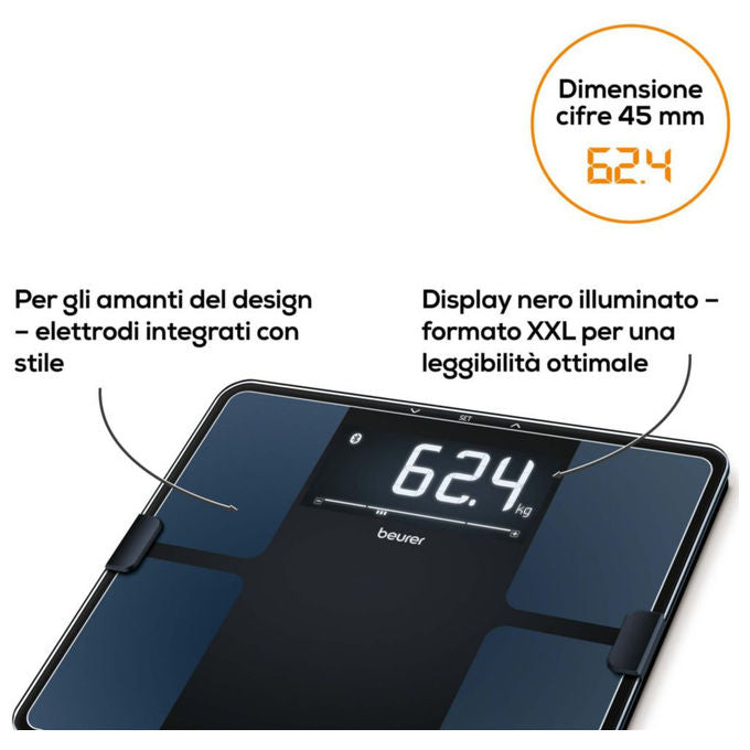 Beurer BF 915 BT Sig. Line Bilancia diagnostica in vetro connettibile - Design Signatureline - Display XL retroilluminato - grigio chiaro - 8 utenti in memoria