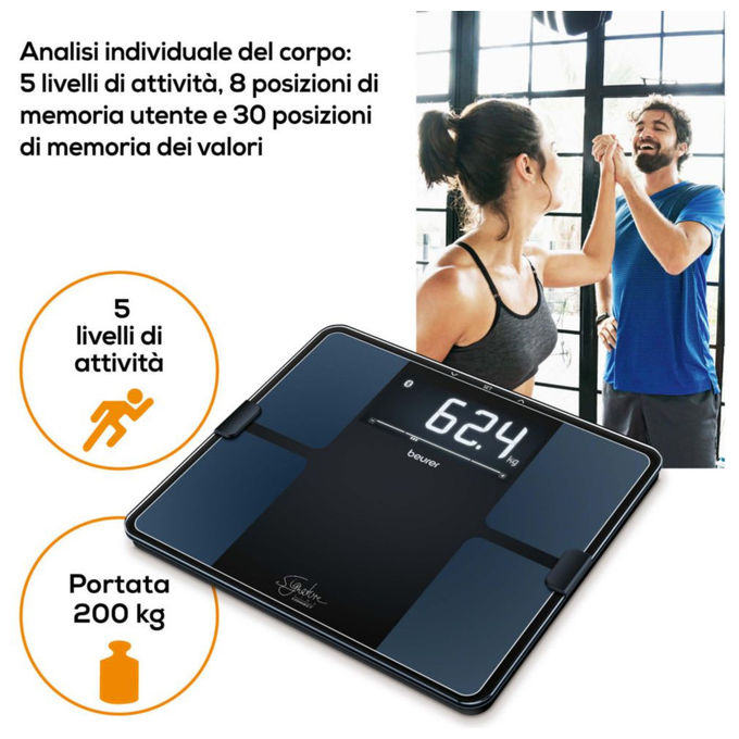 Beurer BF 915 BT Sig. Line Bilancia diagnostica in vetro connettibile - Design Signatureline - Display XL retroilluminato - grigio chiaro - 8 utenti in memoria