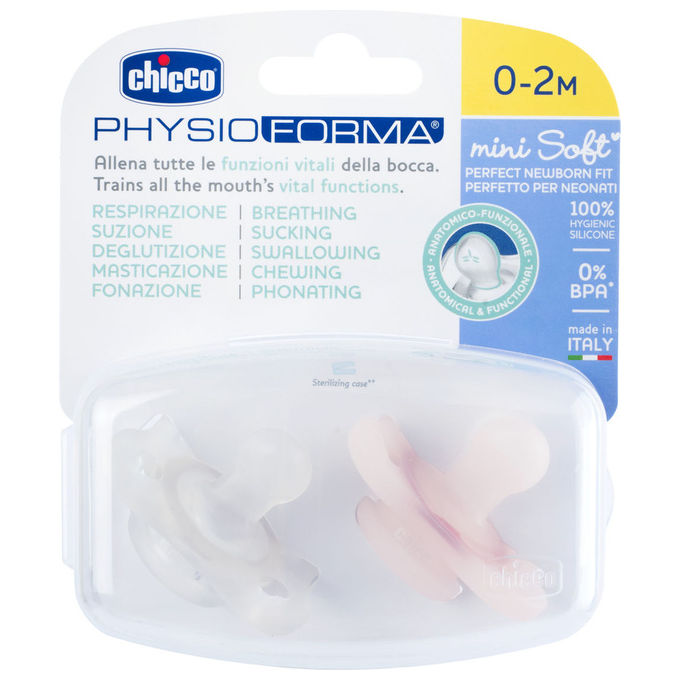 Chicco 8058664175246 PhysioForma Minisoft Succhietto Neonato 0-2 Mesi in Silicone con Finitura SOFT SENSE e Apertura sul Retro colore Azzurro