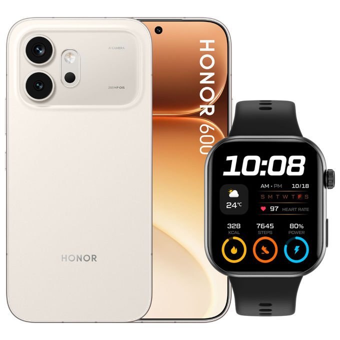 Honor 600, smartphone Android, 8 GB RAM, 256 GB, fotocamera AI 200 MP, batteria 6400 mAh, display 6.57'', gold, incluso Watch 2i