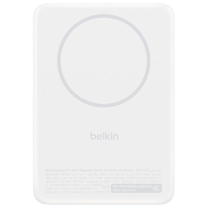 Belkin BPD011HQWH BoostCharge Power Bank 5000 mAh Ricarica Wireless 20 W USB-C Bianco
