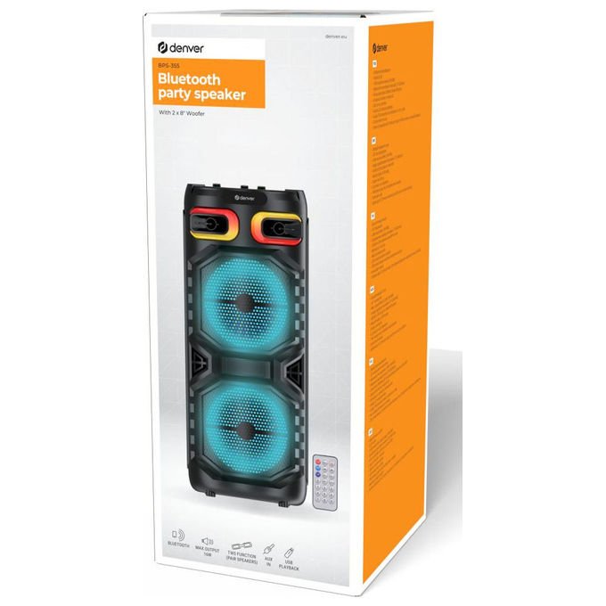 Denver BPS-355 Altoparlante da festa con Bluetooth e Luci LED 16 W RMS Woofer 20,3 cm colore Nero