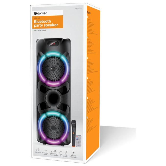 Denver BPS-459 Altoparlante da festa Potenza 200 W RMS Bluetooth 5.0 LED Multi MicroSD USB Tipo C e A con Microfono e Telecomando colore Nero