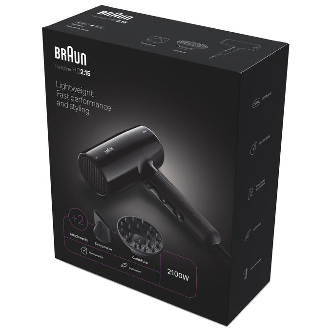 Braun BRHD215E HD2.15 Asciugacapelli 2100 W 2 velocita' 3 temperature Getto d'aria fredda Diffusore professionale Concentratore d'aria colore Nero