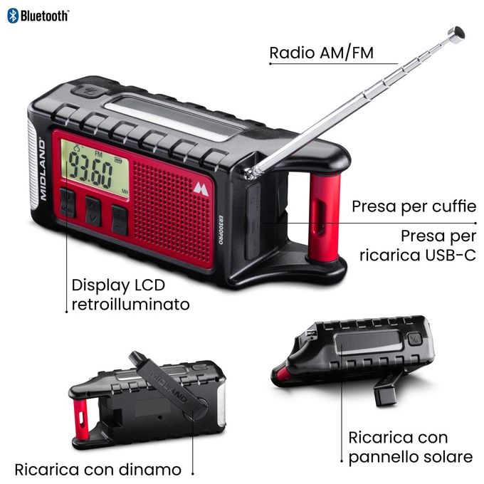 Midland ER300PRO ER 300 Pro Radio d'emergenza con Batteria 10000 mAh Bluetooth Torcia LED e Allarme SOS colore Rosso e Nero