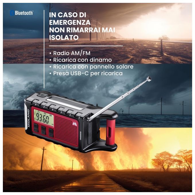 Midland ER300PRO ER 300 Pro Radio d'emergenza con Batteria 10000 mAh Bluetooth Torcia LED e Allarme SOS colore Rosso e Nero