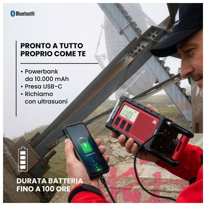 Midland ER300PRO ER 300 Pro Radio d'emergenza con Batteria 10000 mAh Bluetooth Torcia LED e Allarme SOS colore Rosso e Nero