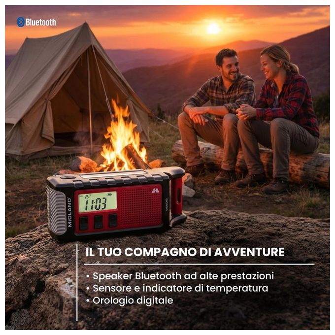 Midland ER300PRO ER 300 Pro Radio d'emergenza con Batteria 10000 mAh Bluetooth Torcia LED e Allarme SOS colore Rosso e Nero