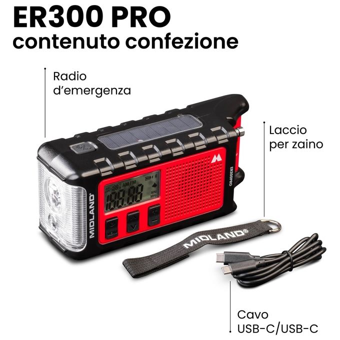 Midland ER300PRO ER 300 Pro Radio d'emergenza con Batteria 10000 mAh Bluetooth Torcia LED e Allarme SOS colore Rosso e Nero