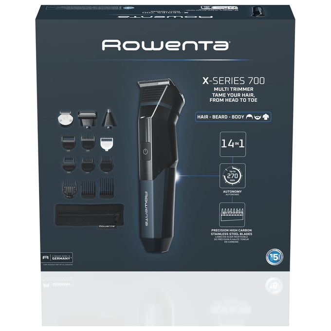 Rowenta TN9650 X Series 700 Regolabarba Multifunzione 14 in 1 Lame in Acciaio al Carbonio Autoaffilanti 21 Regolazioni 270 min di Autonomia Batteria al Litio colore Nero