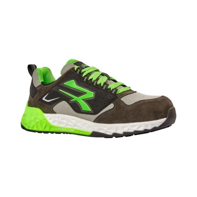 U-power DON'T WORRY... BE HAPPY! 0RT20026-45 BRAN ESD Scarpe Antinfortunistiche S1PS HI HRO FO SR Suola Super Critical Technology Tomaia Elasticizzata Pelle Scamosciata colore Nero Verde