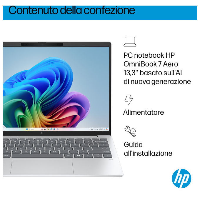 HP D47KTEA OmniBook 7 Aero Laptop Next Gen AI 13-bg1002nl Processore AMD Ryzen AI 7 350 RAM 32 GB SSD 1 TB Schermo 13.3'' 2K 1920 x 1200 Pixel Windows 11 Home colore Argento