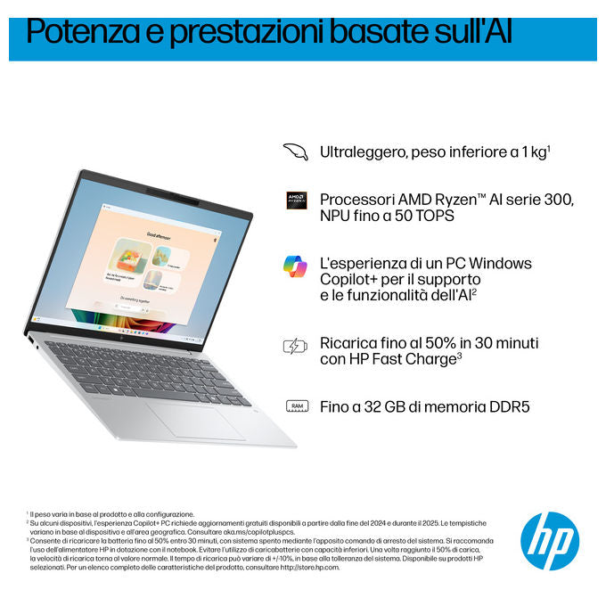 HP D47KTEA OmniBook 7 Aero Laptop Next Gen AI 13-bg1002nl Processore AMD Ryzen AI 7 350 RAM 32 GB SSD 1 TB Schermo 13.3'' 2K 1920 x 1200 Pixel Windows 11 Home colore Argento