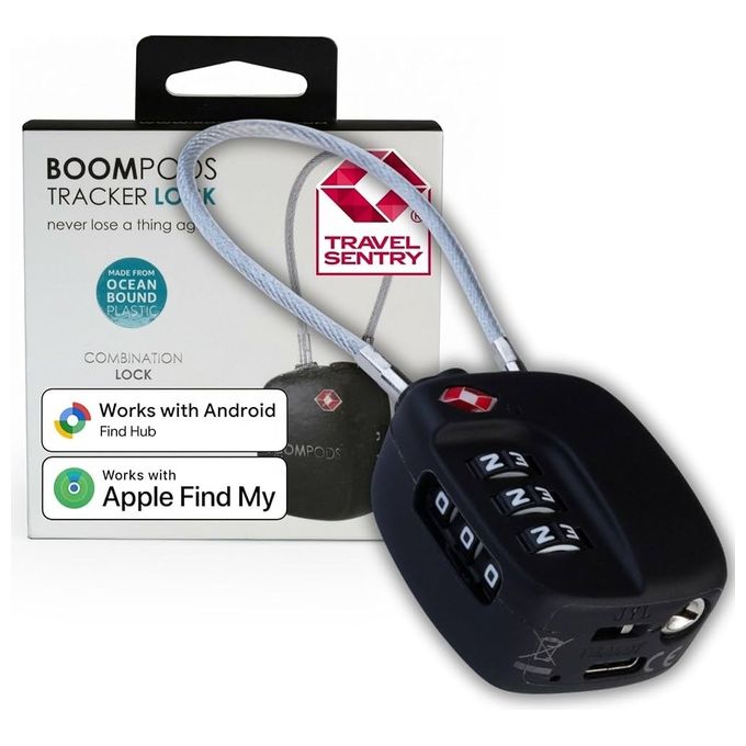 Boompods TTSAGG Tracker Lock Universale Blocco di Sicurezza con Localizzatore Bluetooth Compatibile Apple e Android in Plastica Riciclata Oceanica Impermeabile IPX5 Autonomia Fino a 6 Mesi Ricarica USB-C Approvazione TSA colore Grigio