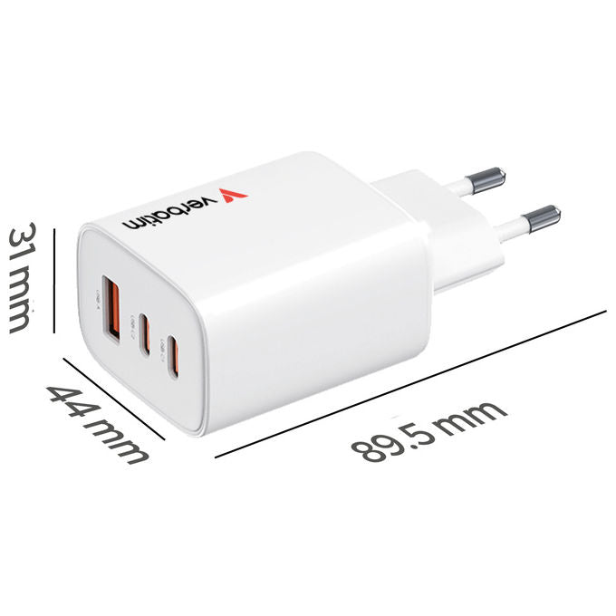 Verbatim 32353 Caricabatterie Universale con 2 Porte USB Tipo C e 1 Porta USB A Ricarica Rapida fino a 65 W Power Delivery 3.0 Quick Charge 3.0 GaN colore Bianco